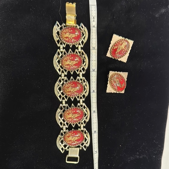 Gold and Red Bracelet and Earring Set - Picture 2 of 4